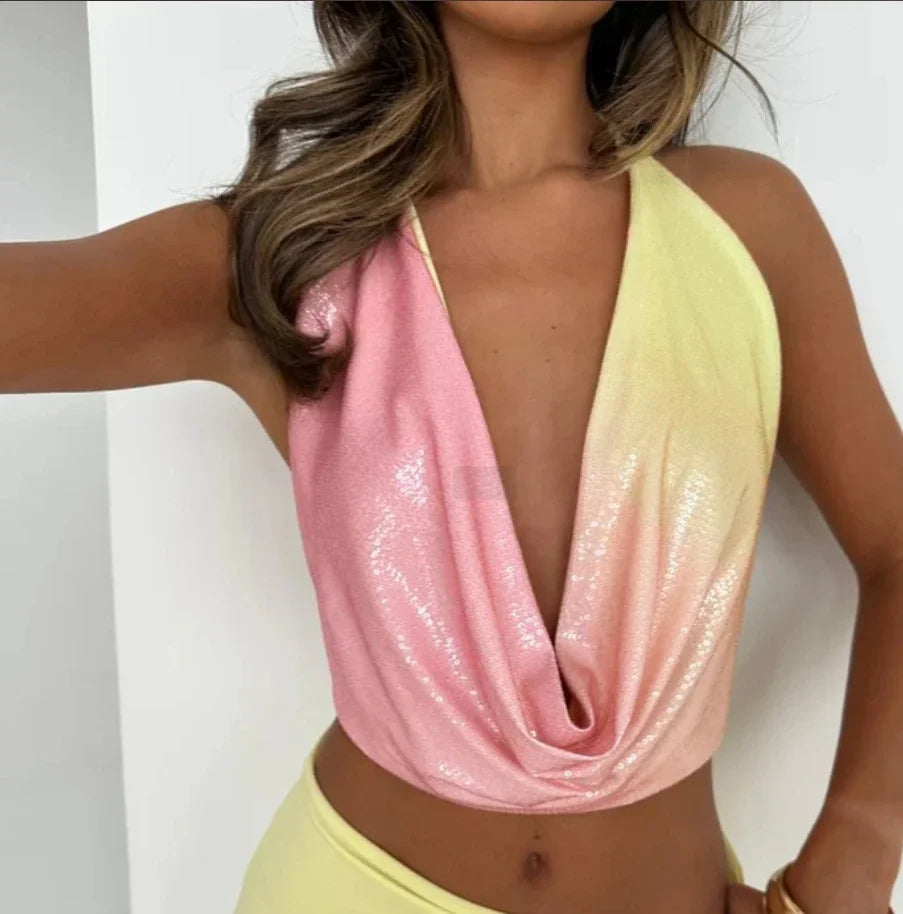 Aiertu  -  Sequins Colorful Tank Top Mini Skirt Sets Women Backless Off Shoulder Short Vest Tops Mini Skirts Suits Holiday Set Summer Aiertu