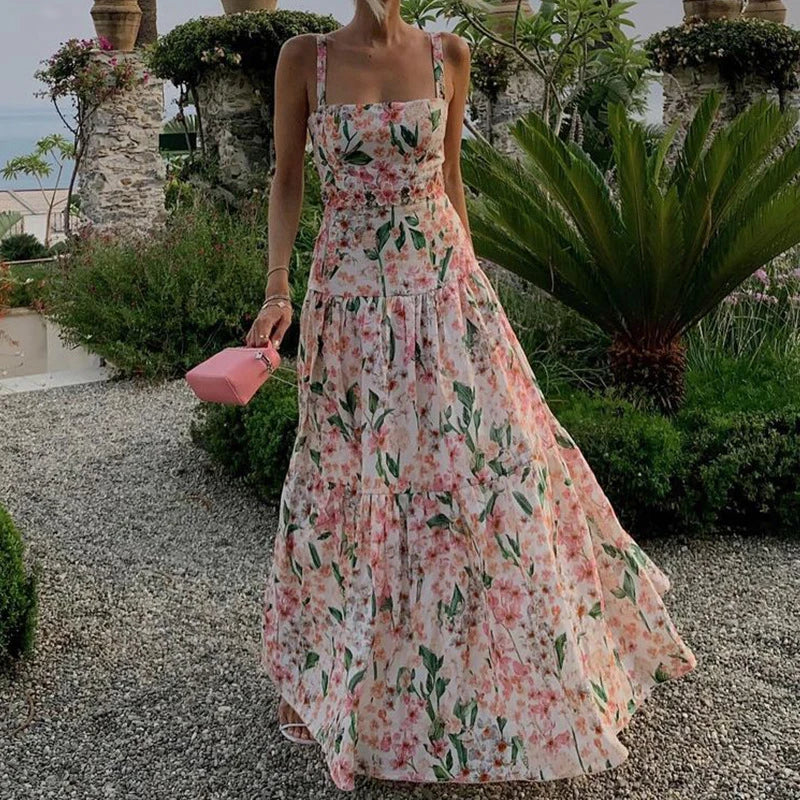 Aiertu  -  Floral Print High Waist Long Dress Summer Hollow Out Sleeveless Garden Party Dress Sexy Off Shoulder Suspender Beach Dress Aiertu