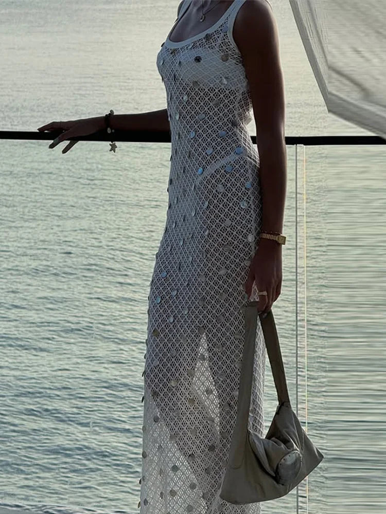 Aiertu  -  Fashion Sequin Knit Dress Women Square Collar Sling Slim Hip Package Long Dresses Female 2025 Spring Summer Chic Beach Lady Gown Aiertu