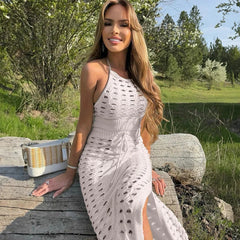 Aiertu  -  Slim Hollow Out Skirt Suit Knitted For Women Sleeveless Strapless Top Summer New High Waisted Lace Up Split Long Skirt Aiertu