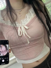 Aiertu - summer inspo Sweet Y2K Lace Contrast Patchwork Slim Long Sleeve Pink T Shirt Women 2000s Cute Kawaii Clothes Aiertu