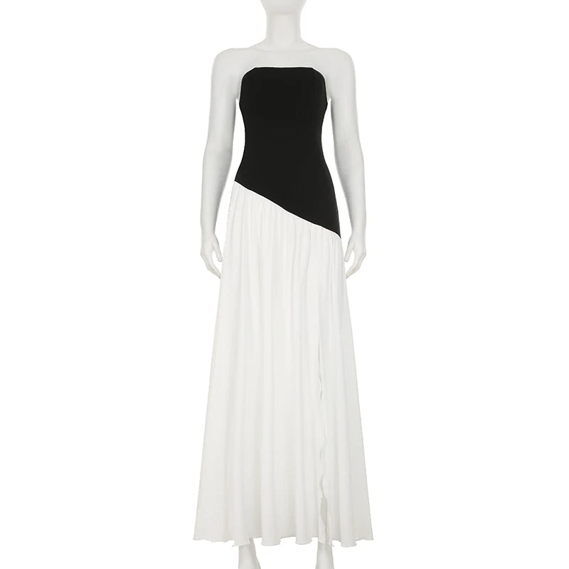 Aiertu  -  Elegant Fashion Slim Patchwork Split Tube Dress Holiday Sexy Slash Neck Sleeveless Maxi Dresses For Women 2026 Summer Aiertu