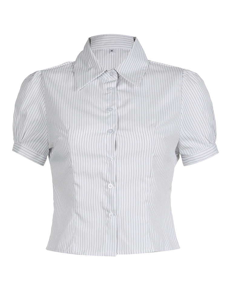 Aiertu - summer inspo Hot White Stripe Puff Short Sleeve Button Shirts For Women Basic Simple Casual Seumme Preppy Tops Y2K Korean Clothes Aiertu