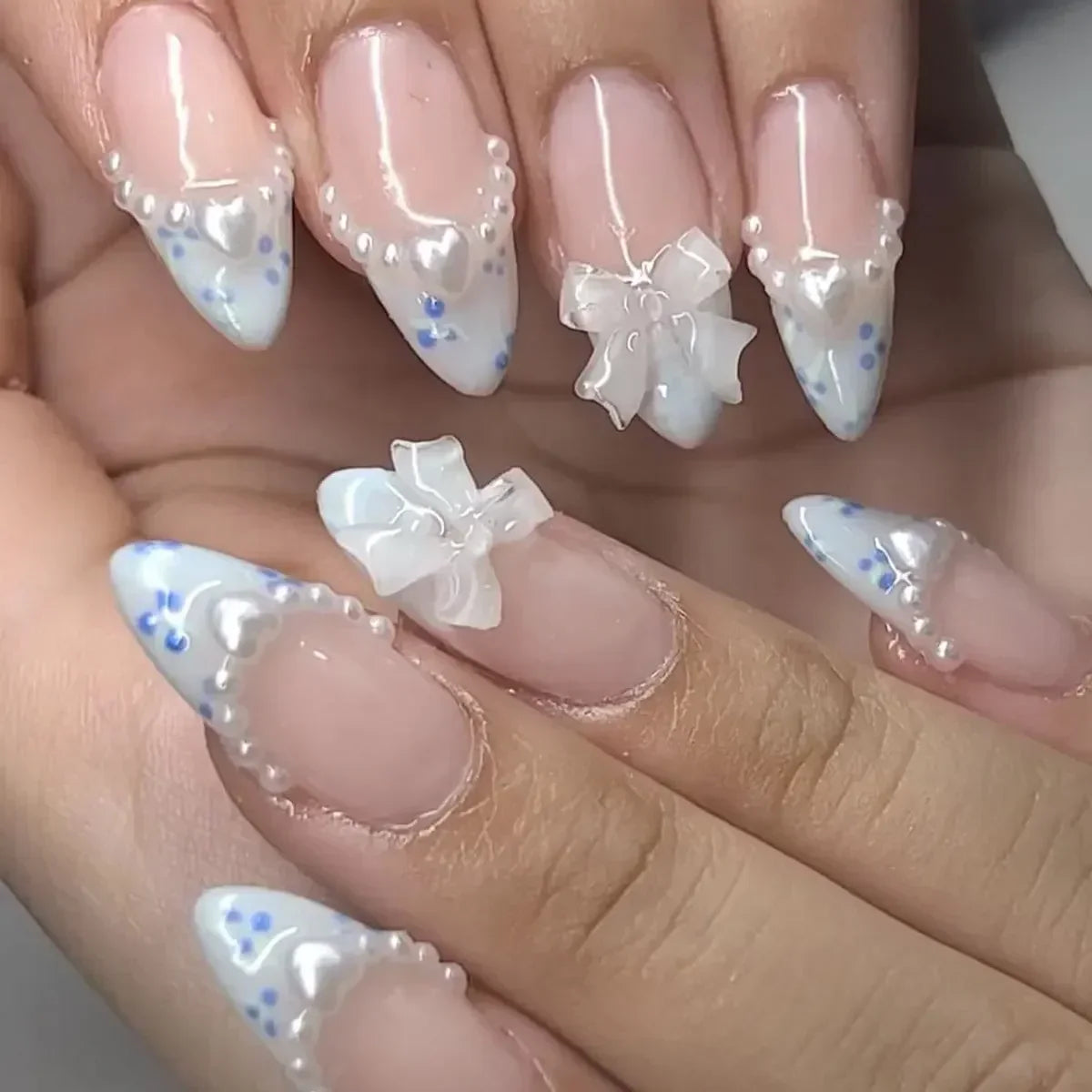 Aiertu 24Pcs Pink Almond French Press on Nails With 3D Bow ripple charms Design Fake Nails Ballerina False Nails Full Cover Nail Tips Aiertu