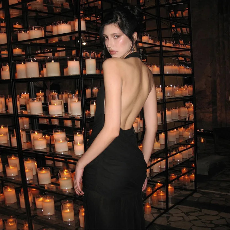 Aiertu  -  Hater Neck Backless Long Dresses See Through Mesh Black Club Dress Women Sexy Summer Clothes 2025 P15-DC35 Aiertu