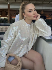 Aiertu  -  2026 O-neck Sequins Bomber Jackets for Women Autumn Fashion Zip-up Long Sleeve White Coats Streetwear Female Tops Outerwears Aiertu