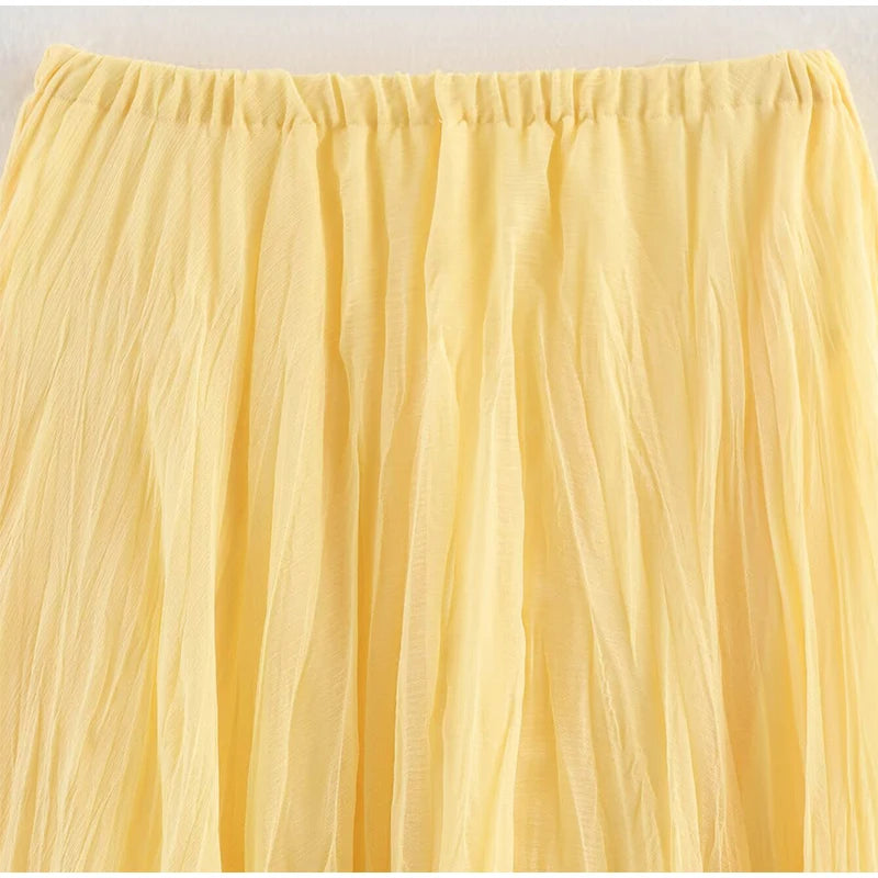 Aiertu  -  Yellow Pleated Long Skirts For Women Casual High Waist A-line Female Vestidos Spring Summer Loose Ladies Streetwear 2025 New Aiertu