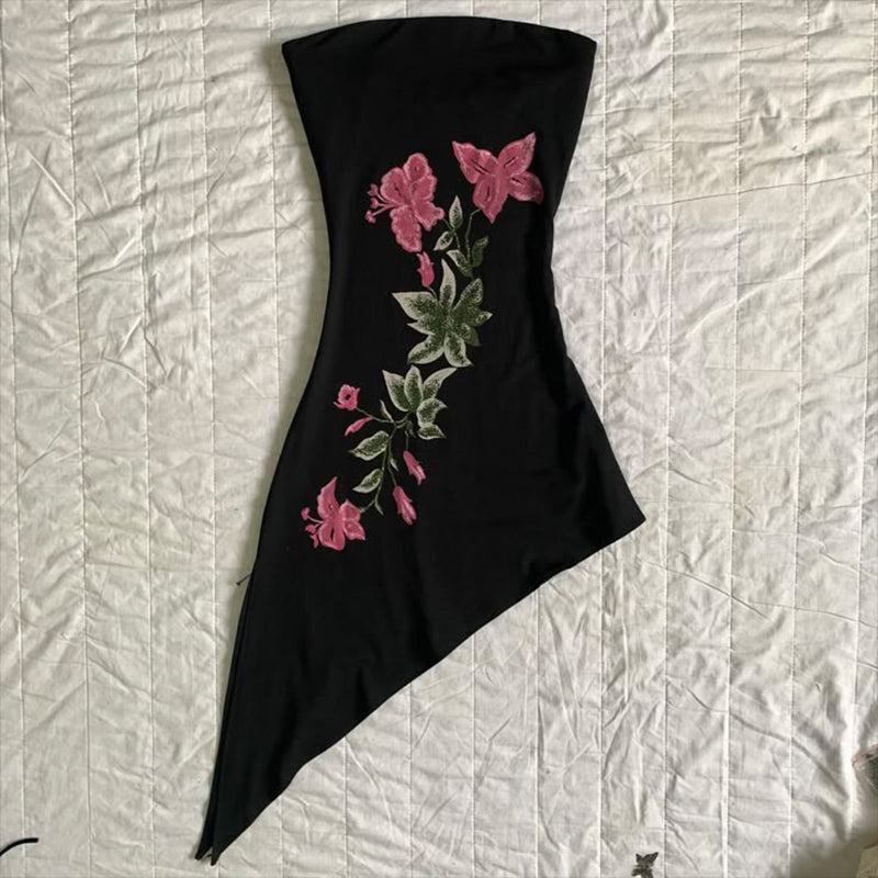 Aiertu  Flower Pattern Tube Top Dress Retro Rock Aesthetic Trash Punk Y2K Top Emo Girls Casual All-match Sweet hop Slim Fit Womens Dress ootd outfit idea Aiertu