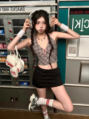 Aiertu  -  American Retro Grey Plaid Crop Top Women Streetwear V-neck Halter Y2k Tops Summer Sexy Fashion Backless Tank Top Clothes Aiertu
