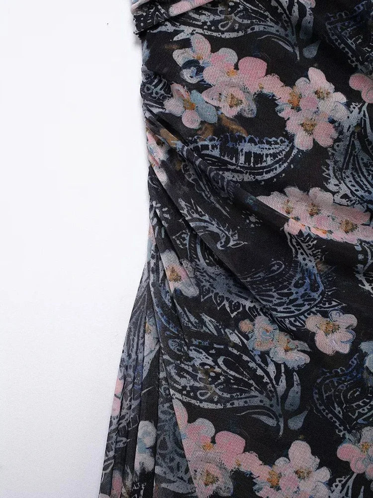 Aiertu  -  Women Fashion Printed Pleated Midi Dress Vintage Asymmetrical Neck One Shoulder Long Sleeve Female Chic Lady Dresses Aiertu