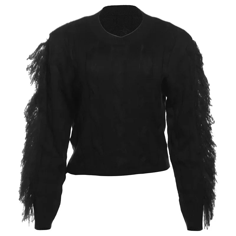 Aiertu  -  Splice Tassel Short Knitted Top Female Solid Slim Fit Long Sleeves Fashion Pullover Sweater Women's Autumn Winter Casual Aiertu