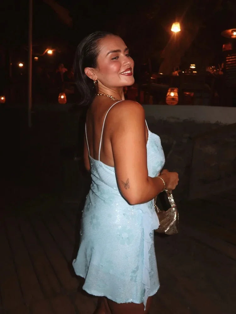 Aiertu  -  Blue Sequins Ruffles Sling Mini Dress Women Sexy Swinging Neck Backless Sleeveless Sling Dresses Fashion New Lady Evening Robes Aiertu