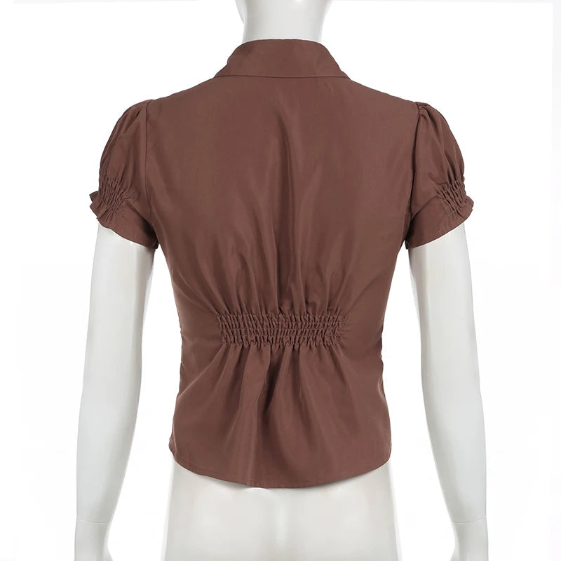 Aiertu  -  Fashion Chic Brown Summer Shirts Female Folds Slim-Waist Vintage Y2K Top Buttons Pleated Blouse Cropped Clothes Aiertu