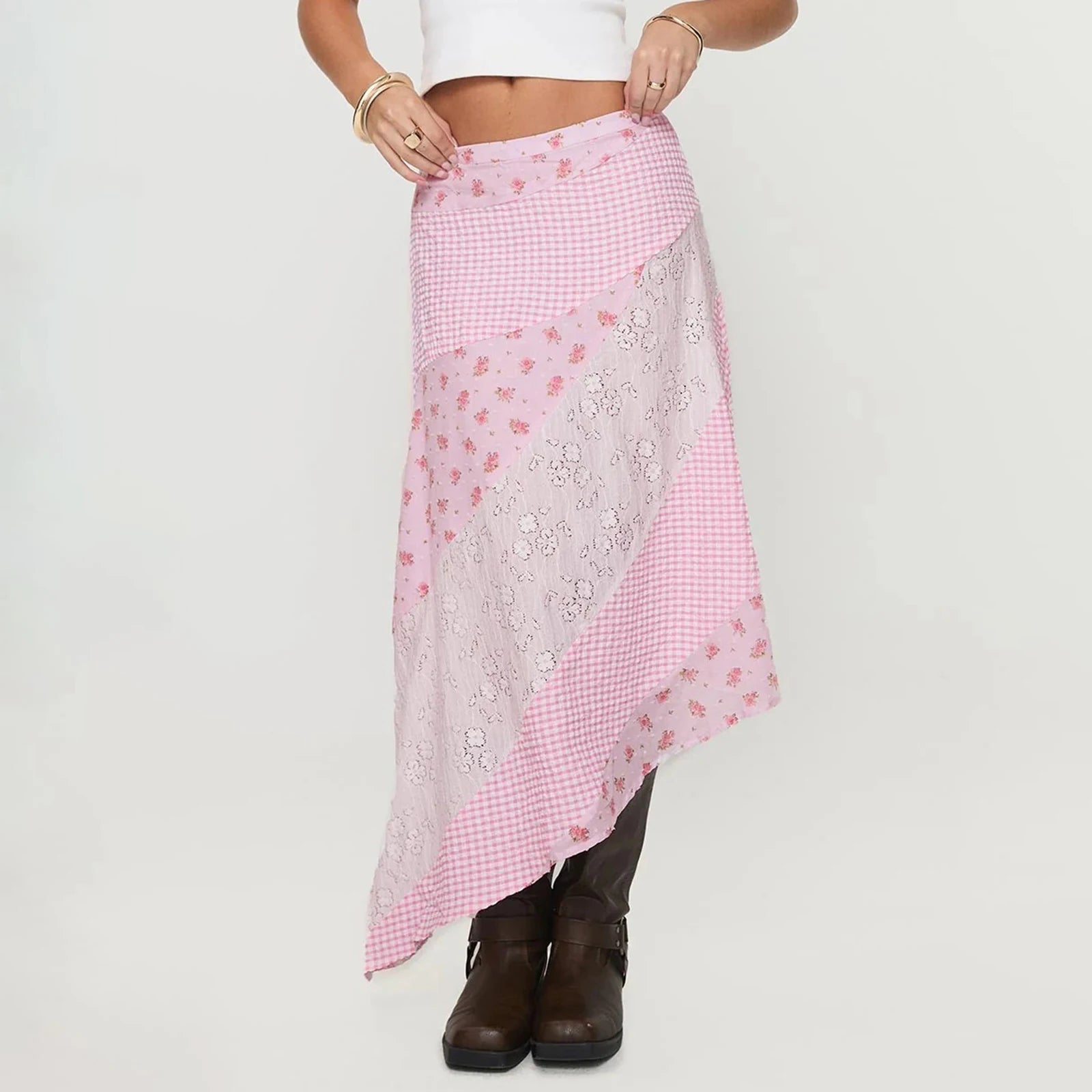 Aiertu  -  Women Y2K Ruffle Layered Maxi Skirt Elastic Waist Asymmetrical Hem Lace Trim A-line Long Skirt Holiday Vacation Aiertu