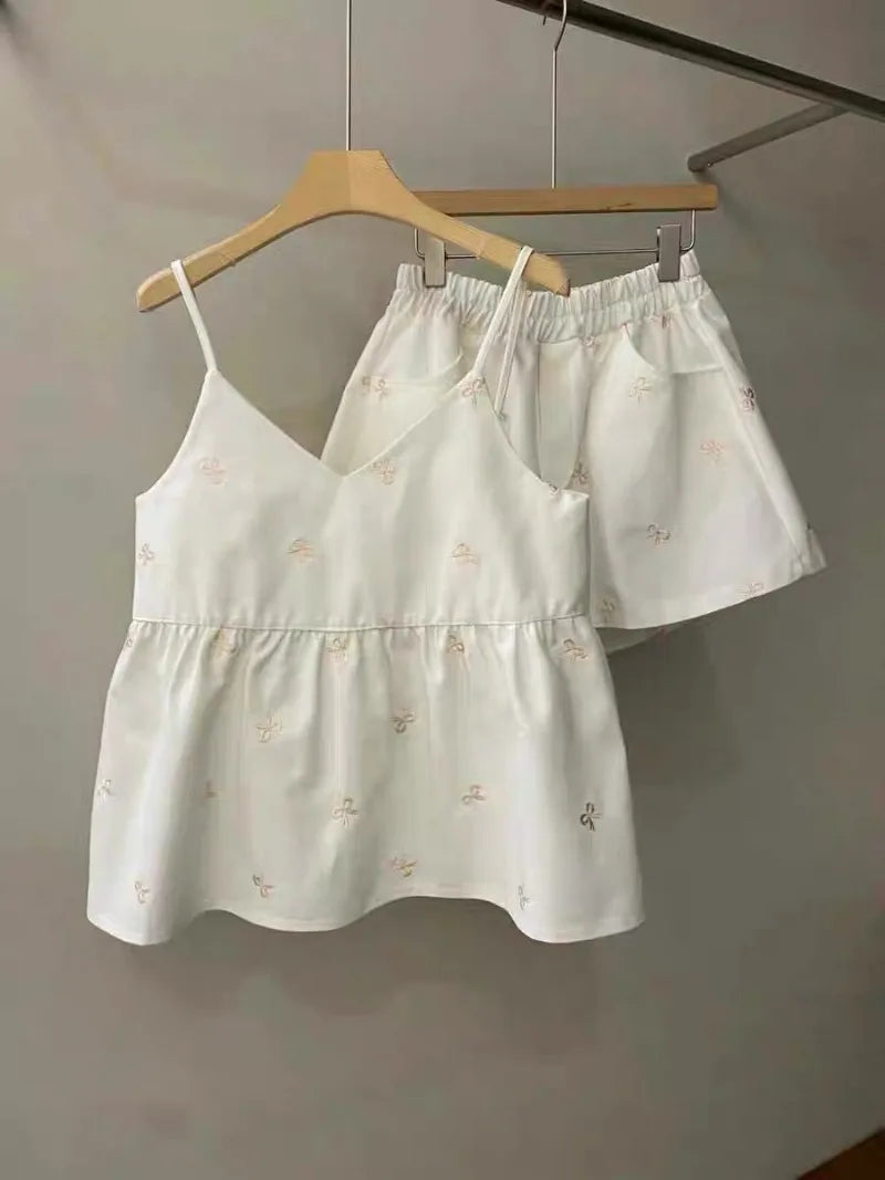 Aiertu  -  Sweet Hot Girl Denim Suit Women's Summer Embroidered Bow Strap Vest High Waist Shorts Two-piece Set Fashion Female Clothes Aiertu