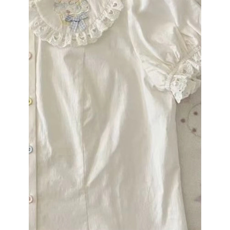 Aiertu Japanese Kawaii White Shirts Women Jk Lolita Bow Embroidery Blouses Summer Y2K Aesthetic Lace Patchwork Short Sleeve Tops Aiertu