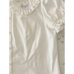 Aiertu Japanese Kawaii White Shirts Women Jk Lolita Bow Embroidery Blouses Summer Y2K Aesthetic Lace Patchwork Short Sleeve Tops Aiertu