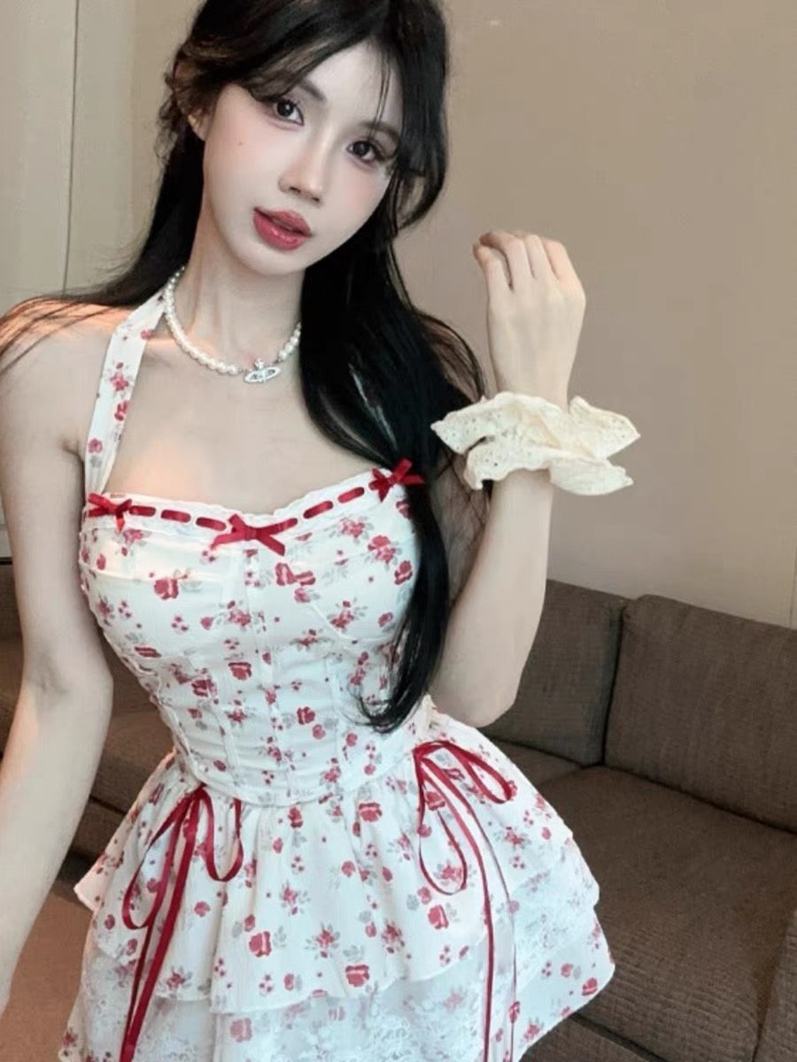 Aiertu  Cherry Bird Red Ribbon Coquette Dress Aiertu