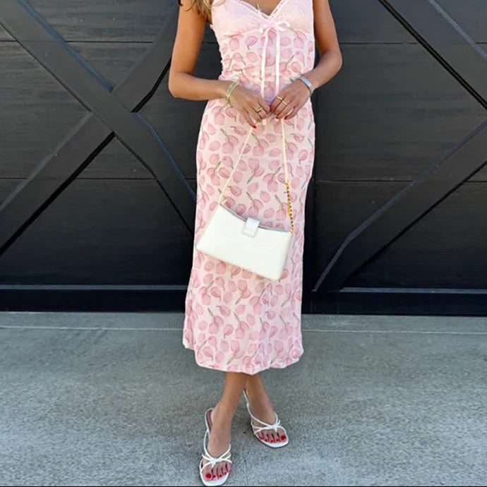 Aiertu  -  Sweet Sexy V Neck Floral Print Long Dress Female Casual Streetwear Backless Dresses Lace Patchwork High Waist Summer Party Dress Aiertu