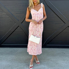 Aiertu  -  Sweet Sexy V Neck Floral Print Long Dress Female Casual Streetwear Backless Dresses Lace Patchwork High Waist Summer Party Dress Aiertu