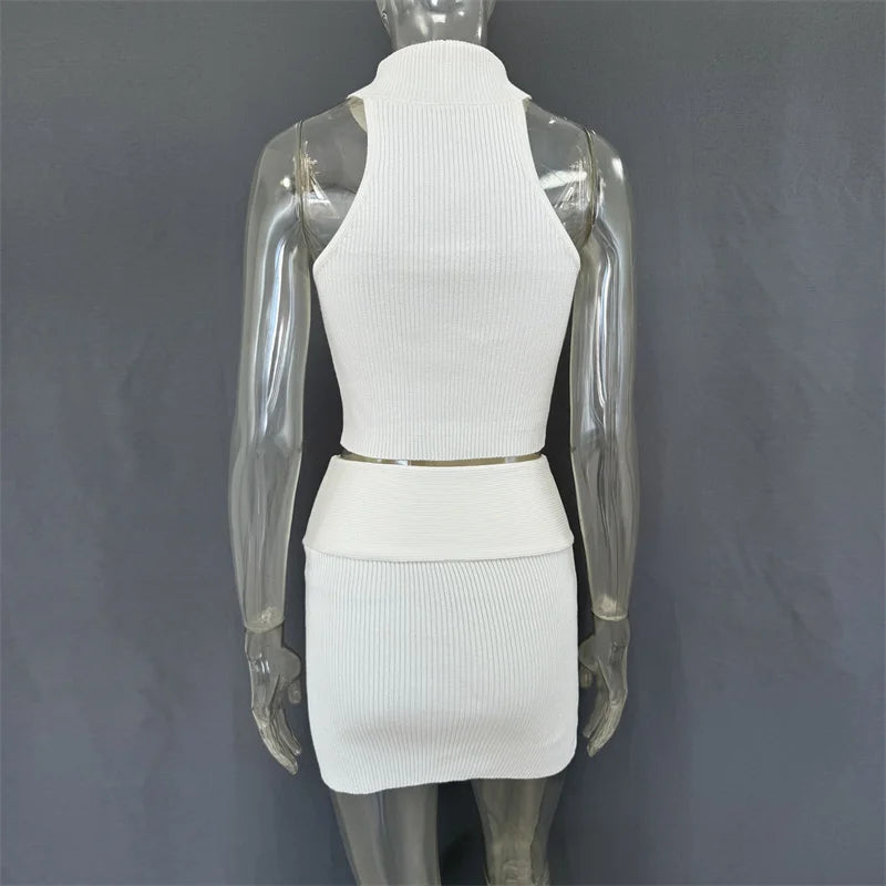 Aiertu  -  Fashion Knit Skirt Matching Set Two Piece Sets Women Halter Off-shoulder Tank Top And Mini Skirt Female Sexy Dress Set Aiertu