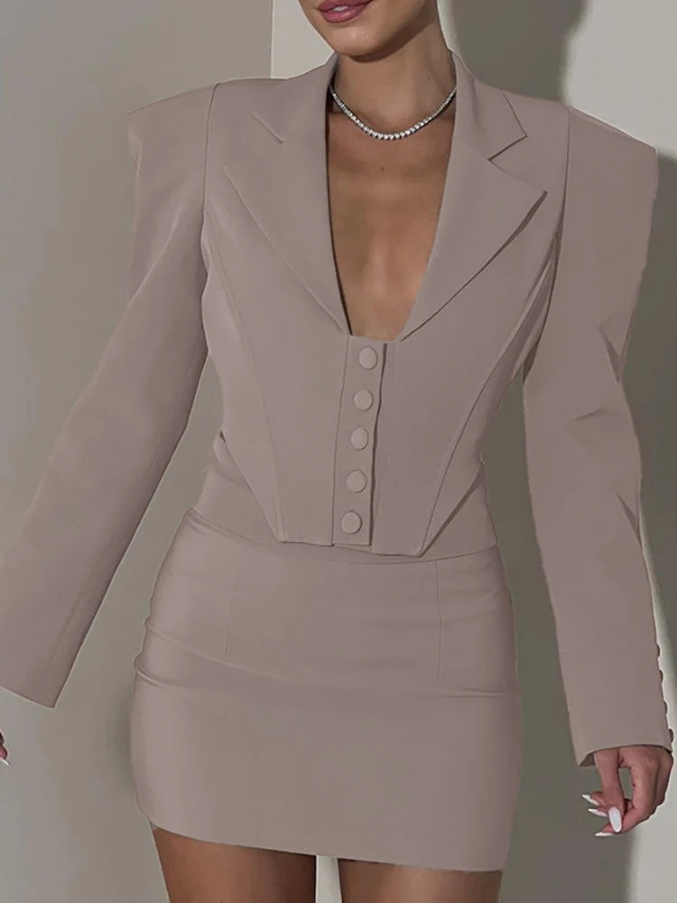 Aiertu  -  layered look inspo Turn-down Collar Two piece Sets Women Skirt Suit Khaki Long Sleeve Blazer Mini Skirt Female Slim Casual Skirt Sets Aiertu
