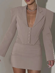 Aiertu  -  layered look inspo Turn-down Collar Two piece Sets Women Skirt Suit Khaki Long Sleeve Blazer Mini Skirt Female Slim Casual Skirt Sets Aiertu