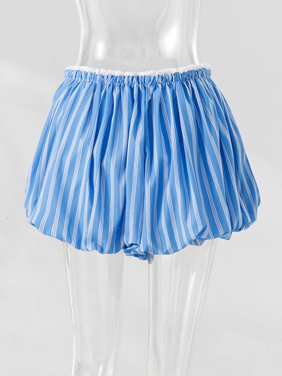 Aiertu  -  Blue Striped Casual Shorts Women Summer Flower Elastic Mid Waist Short Pants Streetwear Fashion Simple Mini Shorts 2026 New Aiertu