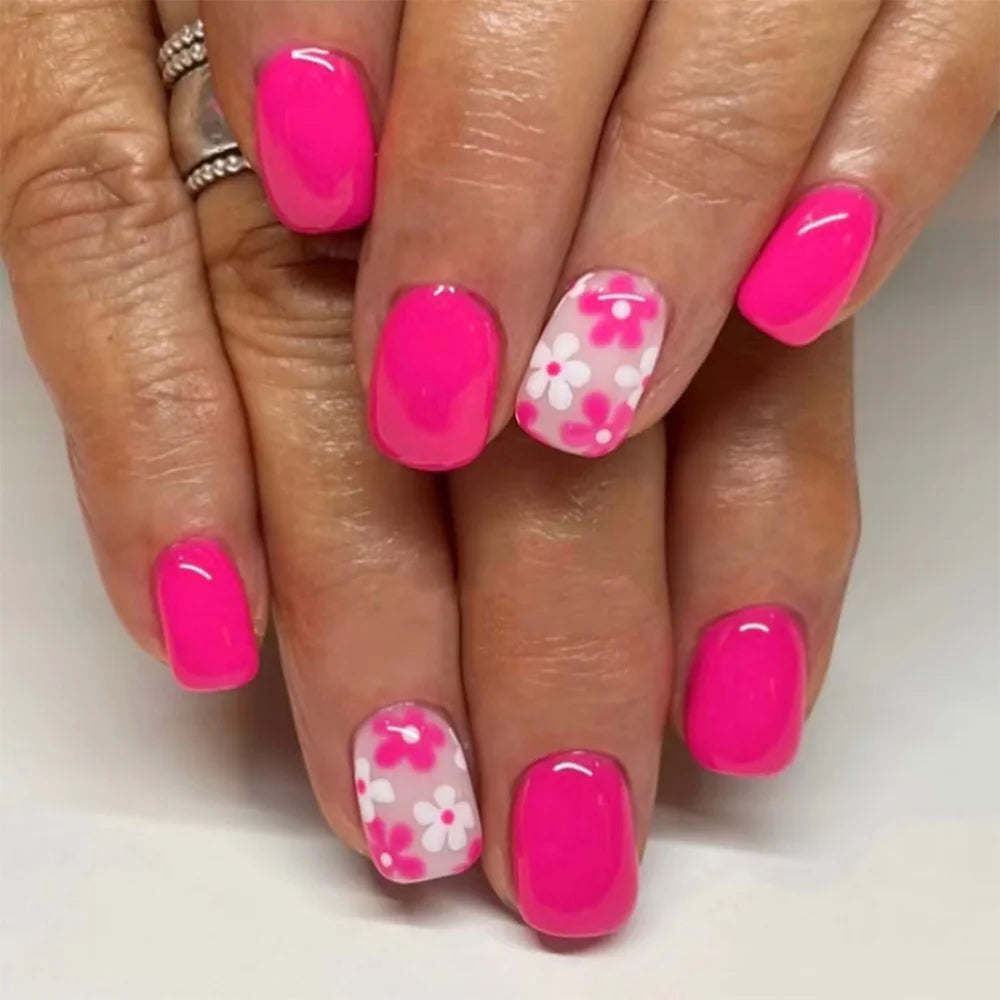 Aiertu  -  24pcs Blue Flower Design False Nails Art Nude Short Square Fake Nail Sets Simple Ins French Ballet Press on Nails Tips Artifical Aiertu
