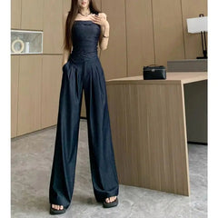 Aiertu  -  Sweet Hot Girl Pure Sexy Suit Women's Summer Denim Camisole Vest High Waist Wide Leg Pants Two-piece Set Fashion Female Clothes Aiertu