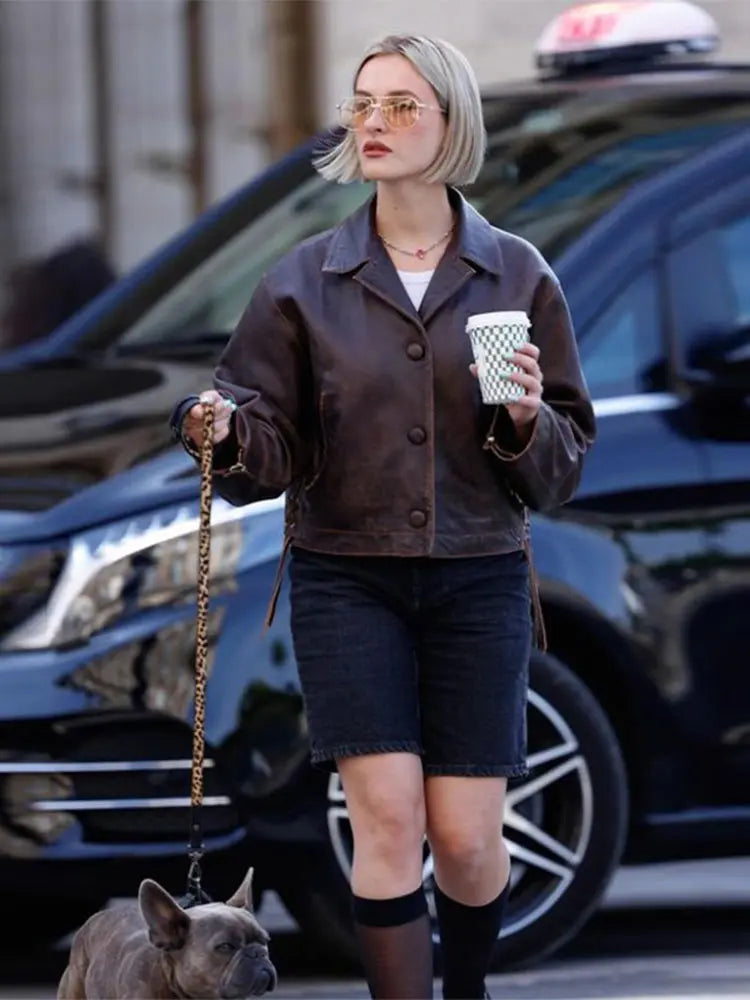 Aiertu  -  Fashion Pu Leather Brown Lapel Jacket Casual Long Sleeve Single Breasted Office Coat 2026 Autumn Chic High Street Lady Outwears Aiertu