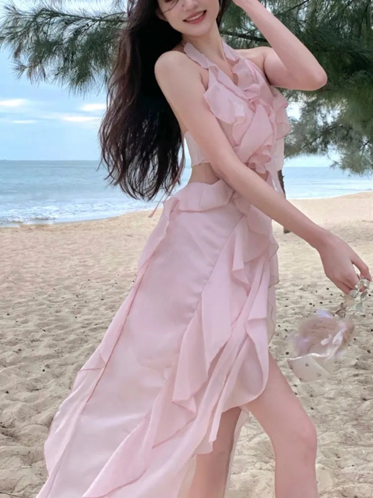 Aiertu  -  Sweet Pink Fairy Dress for Women Summer Halter Off Shoulder Sleeveless Ruffle Princess Birthday Party Dress Slim Casual Vestidos Aiertu