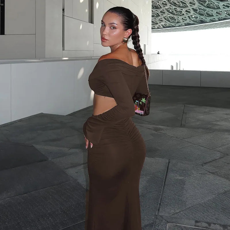 Aiertu  -   Fashion Off Shoulder Ruched Dress Sets Autumn Vacation Beachwear Matching Sets Sexy Split Two Piece Sets Outfits Aiertu