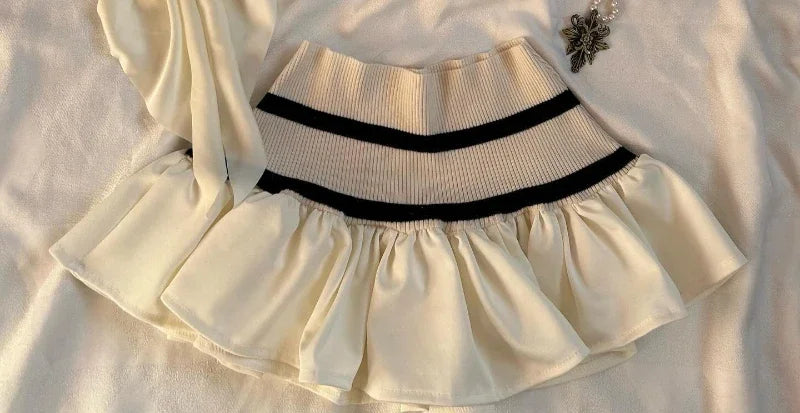 Aiertu  -  American Sweater Skirt Suit Two Piece Harajuku Women Fashionable V Neck Vest Striped Knitted Stitching Sexy Mini Skirt Short Top Aiertu