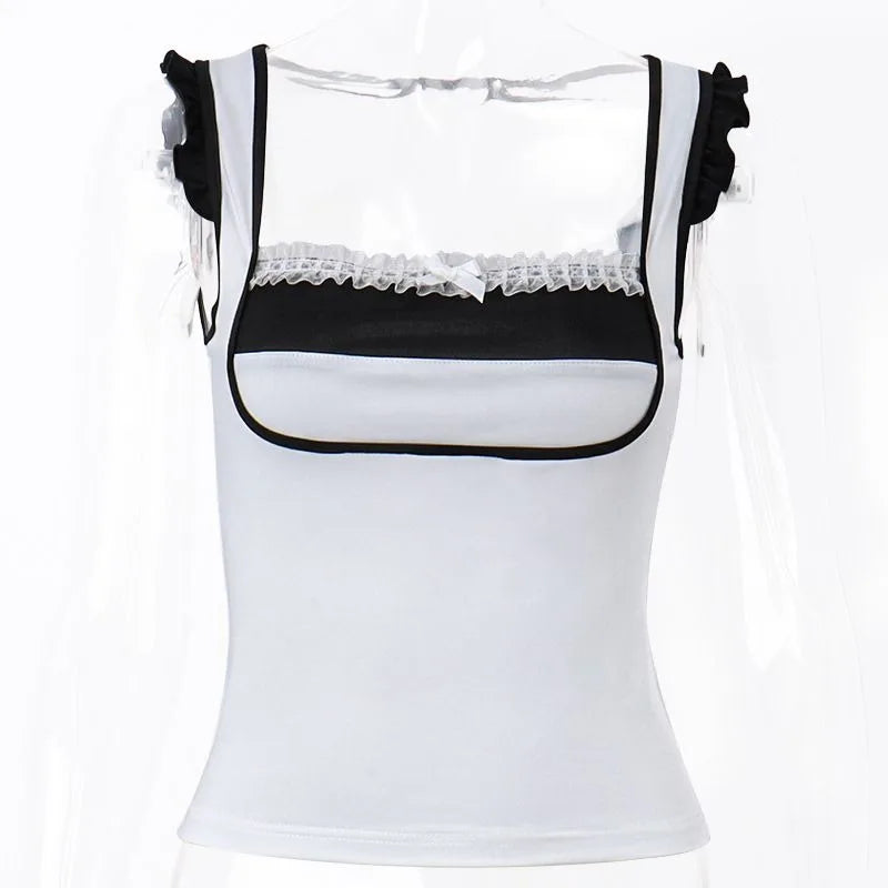 Aiertu  -  Sexy Euramerican Low Bust Patchwork Lace Streetwear Shirts Y2k Aesthetic Constrast Color Slim Punk Women Tops Harajuku Clothes Aiertu