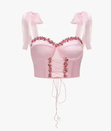 Aiertu  -  party look snspos Women's Sexy Satin Camis Sweet Floral Bow Bra Strap Crop Top Mesh Ribbons Sleeveless Backless Tank Tops Female Corset Y2k Aiertu