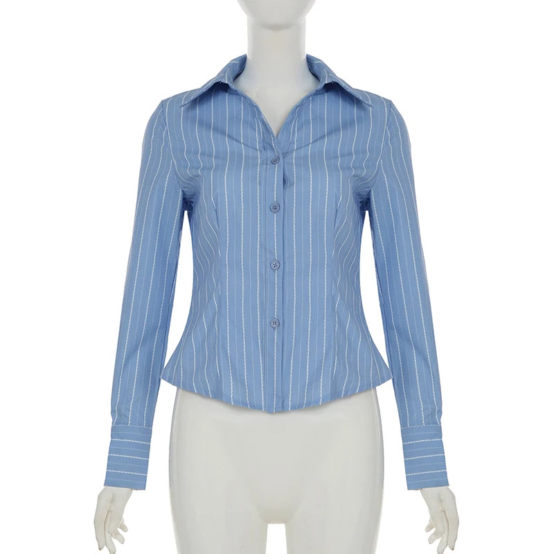 Aiertu  Office Ladies Casual Striped Blouse Elegant Basic Turn-Down Collar Long Sleeve Shirts Women Spring Autumn Streetwear Aiertu