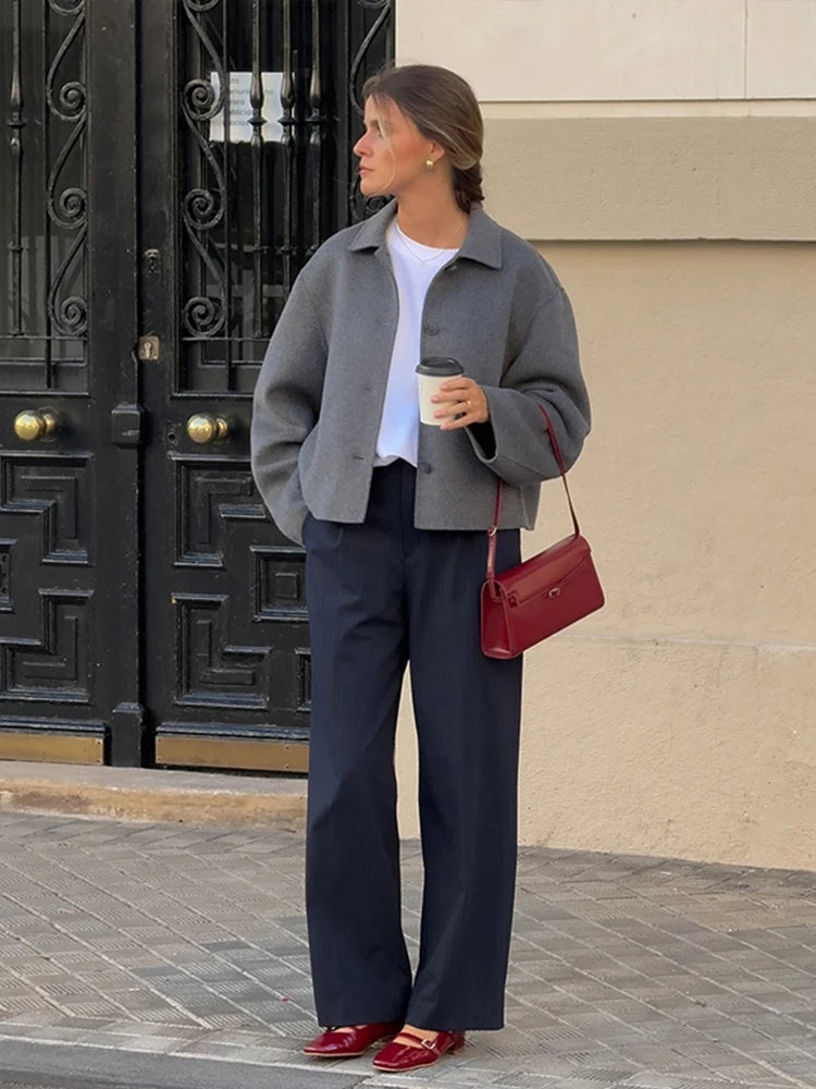 Aiertu  -  Casual Wool Blends Women Short Jacket Solid Lapel Single Breasted Female Coat Autumn Long Sleeve Fashion Lady Outerwear Aiertu