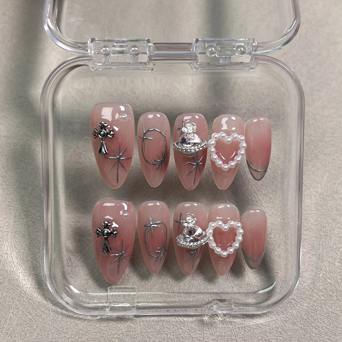Aiertu 10pcs Blush Pink Fake Nail Patches Handmade Pearl Love Heart Press On Nails Planet Cross Designs Detachable Almond Aiertu