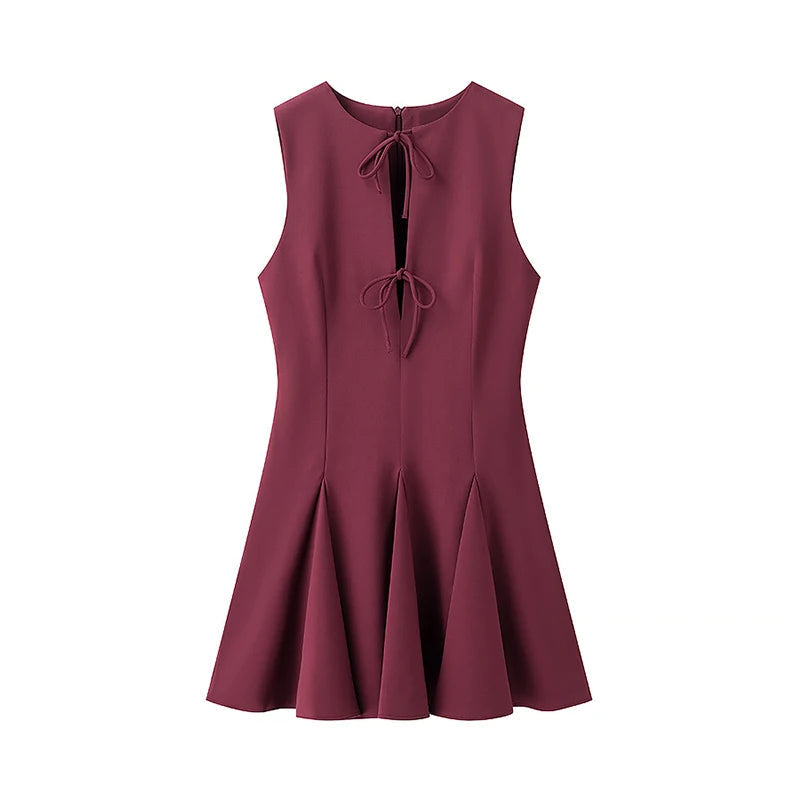 Aiertu  -  2025 Women Bow Lace Up O Neck Elegant Mini Dresses Fashion A-line Slim Office Lady Sleeveless Dresses Female Vestidos Aiertu