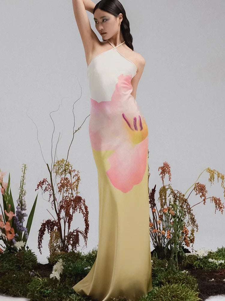 Aiertu  -  Fashion Printed Backless Maxi Dress Female Summer 2025 Slim Sleeveless Contrast Loose Halter Dress Women's Y2k Long Dress Aiertu