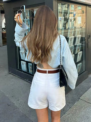 Aiertu  -  Single Breasted Sky Blue Short Shirt Women Long Sleeve Turn Down Collar Cotton Crop Top Blusa Mujer New Autumn Spring Aiertu