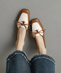Aiertu  Original Design Brown Cowhide Leather Lace Up Splicing Flats Aiertu