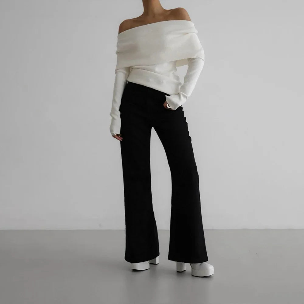Aiertu  -  Women's Pullover Long Sleeved Knitted Base Shirt Autumn Winter Office Lady Sweater One Shoulder Sexy Slim Fit Off Shoulder Top Aiertu