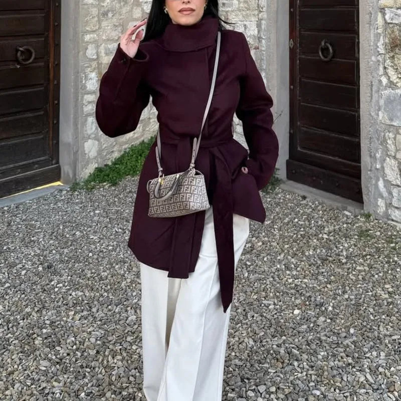 Aiertu  -  Elegant Burgundy Belt Stand Collar Jacket Women Fashion Long Sleeve Button Wool Blend Coats Chic High Street Lady Long Outwears Aiertu