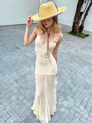 Aiertu  -  Elegant 3d Flower Maxi Dress Women Patchwork Low-Neck Halter Bandage Backless Sleeveless Vacation Summer Trend Vestidos Aiertu