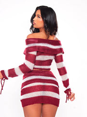 Aiertu  -  Knitted Sexy Off Shoulder Striped Women Sweater Red Long Sleeve Lace Up Sweater Female Autumn New Casual Streetwear Aiertu
