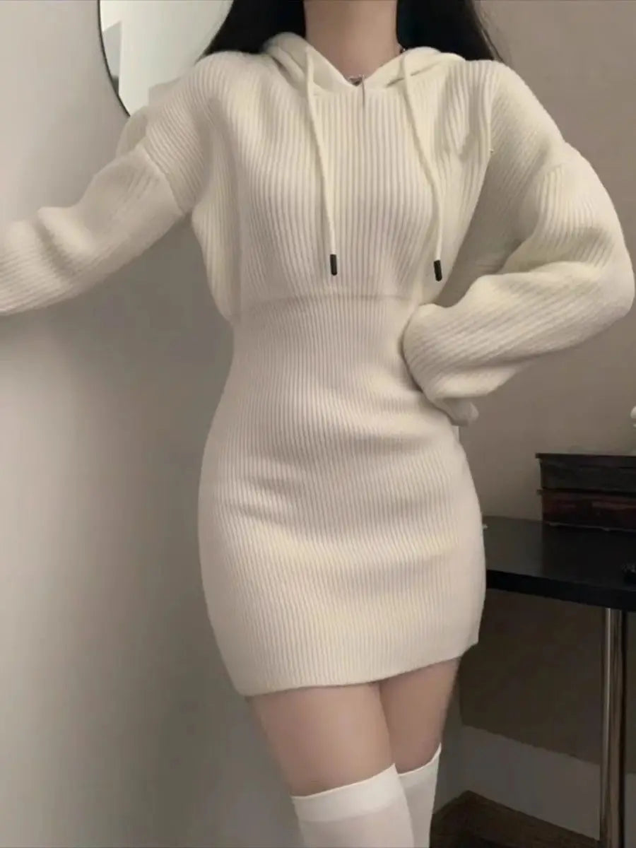 Aiertu Hooded Knitted Dress for Women Sweater Bottoming Short Skirt Aiertu