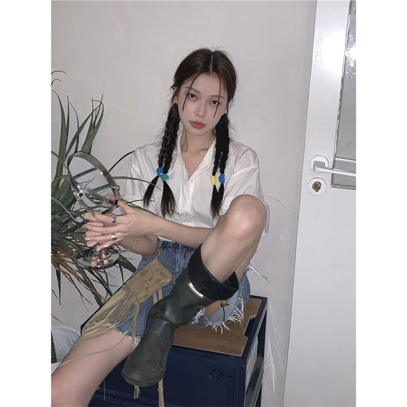 Aiertu Streetwear White Shirts Women Harajuku Folds Short Sleeve Blouses Summer Preppy Korean Fashion Design All Match Chic Tops Aiertu