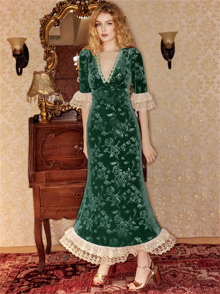 Aiertu  -  V-Neck Lace Printed Long Dress For Women Patchwork Elegant Short Sleeve High Waist Contrast Party Dress Female Maxi Dress Aiertu